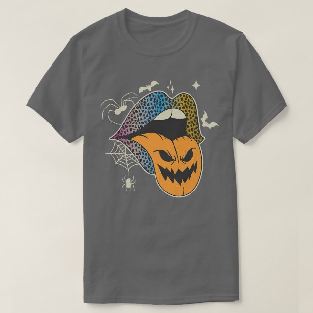 Camiseta Halloween Leopardo Lábios Rainbow Mulheres Pumpkin (Frente do Design)