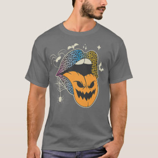 Camiseta Halloween Leopardo Lábios Rainbow Mulheres Pumpkin