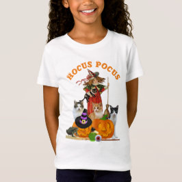 Camiseta Halloween Mágico com Gatas Bruxas e Abóbora
