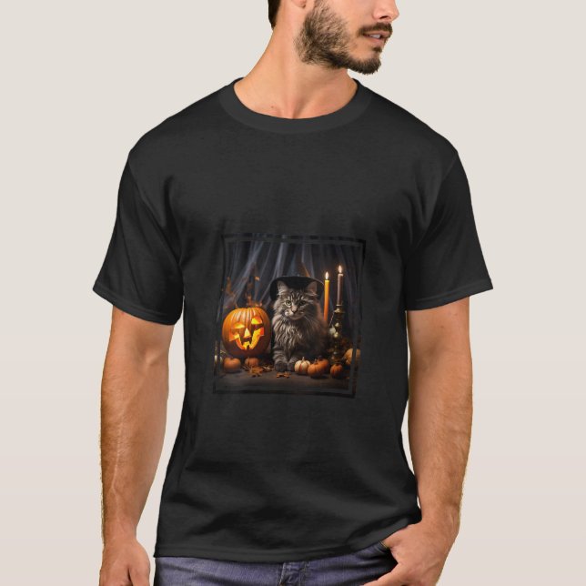 Camiseta Halloween Maine Coon Black Love Pumpkins Cat V Nec (Frente)