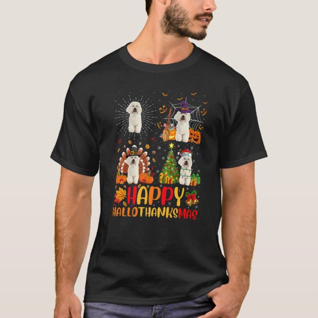 Camiseta Halloween Natal  Bichon Frise Cão Hallothanksm (Frente)