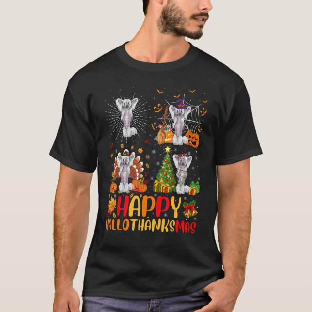 Camiseta Halloween Natal   Cão Crestado Chinês Hallotha (Frente)
