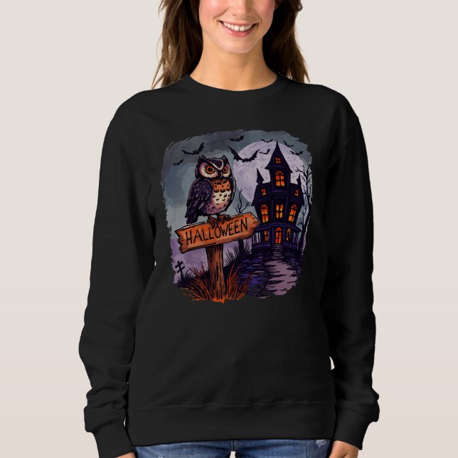 Camiseta Halloween Ni - Coruja Assombrada e Casa Doida (Frente)