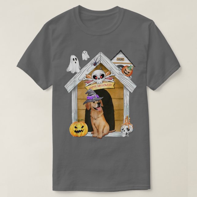 Camiseta Halloween Ouro Retriever Cachorro Bruxa Assombrada (Frente do Design)