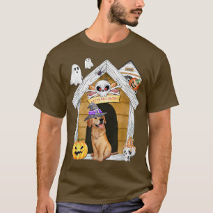 Camiseta Halloween Ouro Retriever Cachorro Bruxa Assombrada