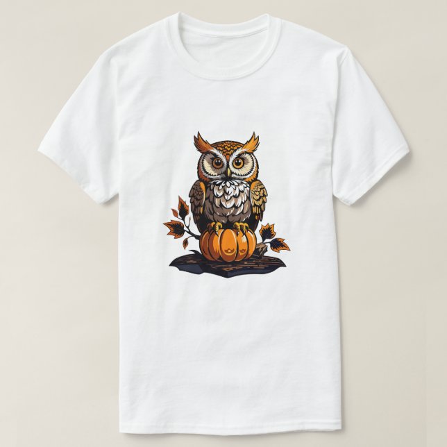 Camiseta Halloween Owl com abóbora (Frente do Design)