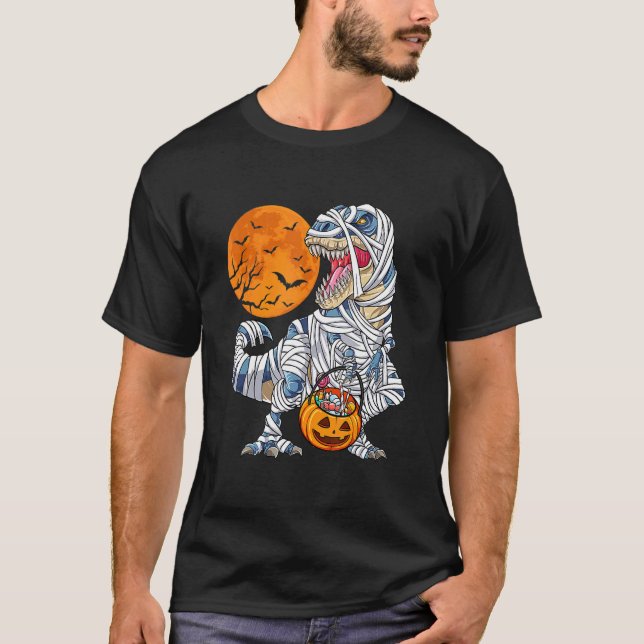 Camiseta Halloween Para Meninos Dinossauro Rex Mummy Pumpki (Frente)