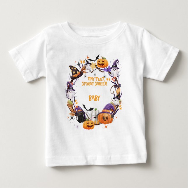 Camiseta Halloween Pés Minúsculos, Chá de fraldas Doce (Frente)