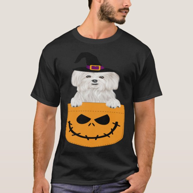 Camiseta Halloween Pocket Maltese Scary Jack O Lantern (Frente)