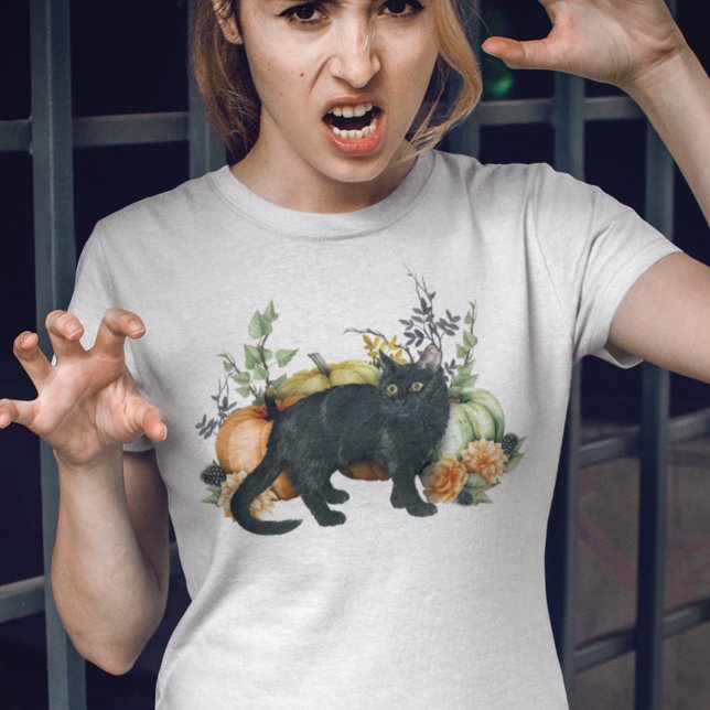 Camiseta Halloween Preto de Gato Negro de Abóbora (Criador carregado)