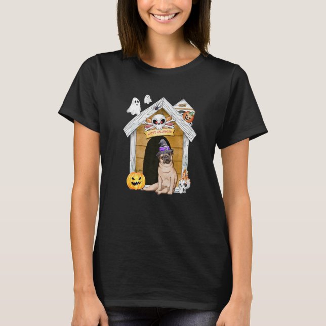 Camiseta Halloween Pug Dog Witch Assombrada (Frente)