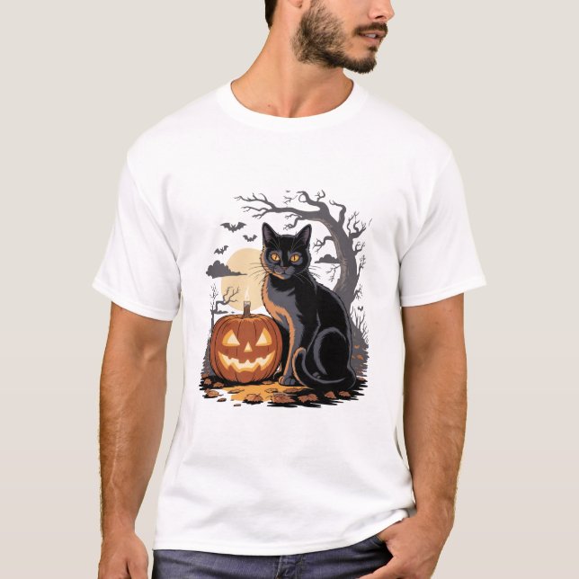 Camiseta halloween pumpkin black cat (Frente)