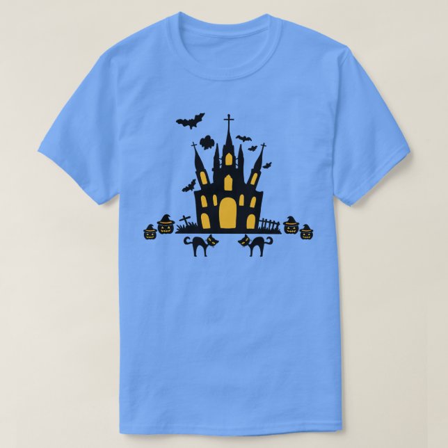 Camiseta Halloween Pumpkin Black Cat Graveyard Church (Frente do Design)