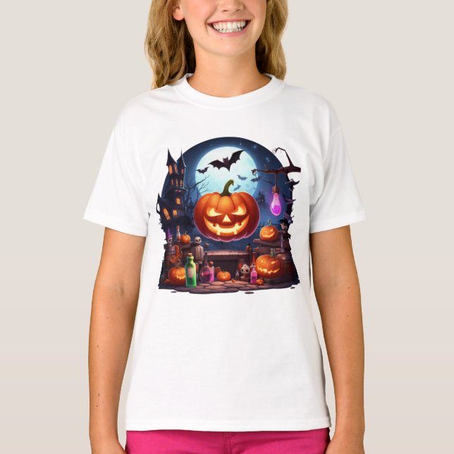 Camiseta Halloween Pumpkin Castle Party Bats Moon Magic (Frente)