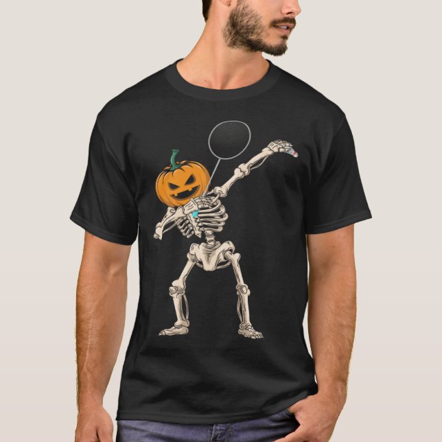 Camiseta Halloween Pumpkin Skeleton Badminton Dabbing (Frente)