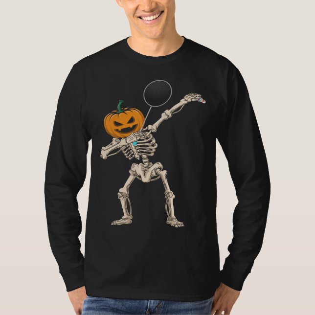Camiseta Halloween Pumpkin Skeleton Badminton Dabbing (Frente)