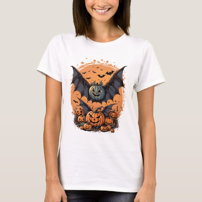Camiseta Halloween Pumpkins and Bats (Frente)