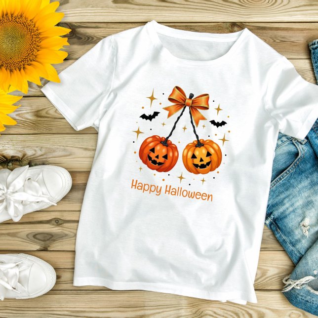 Camiseta Halloween Pumpkins Coquette Aestic Orange Arco (Halloween Pumpkins, Orange Bow Coquette Aesthetic T-shirt for her)