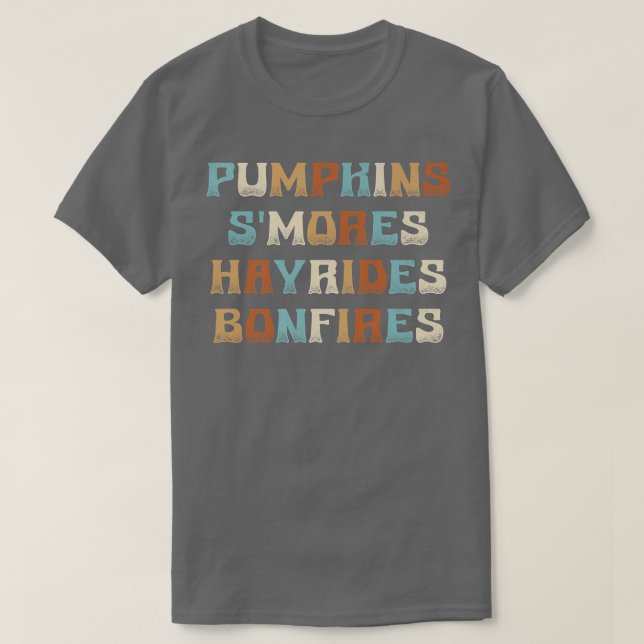 Camiseta Halloween Pumpkins Smores Hayrides Bonfire (Frente do Design)