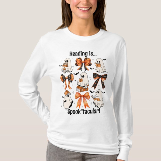 Camiseta Halloween "Reading is 'Spook'tacular' Ghosts arcos (Frente)