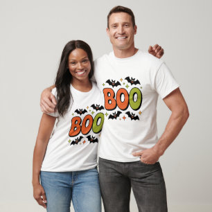 Camiseta Halloween Retro Groovy BOO com Morcegos