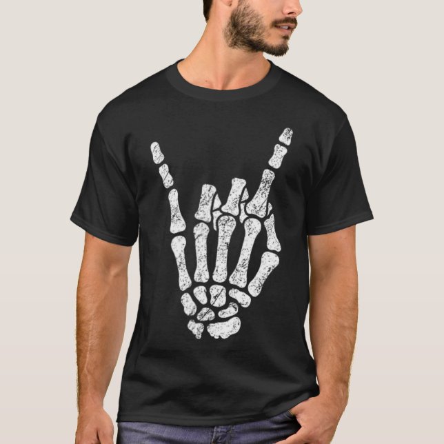 Camiseta Halloween Rock Hand Sinal Skeleton Rock N Roll Sym (Frente)