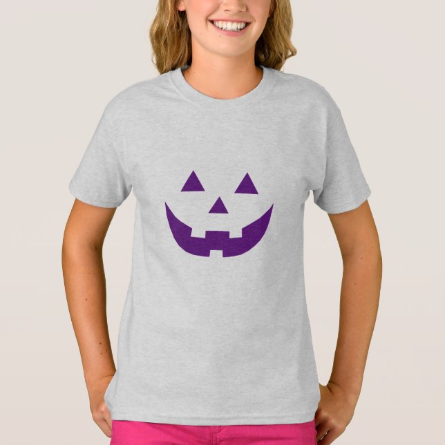 Camiseta Halloween roxo Jack ou lanterna abóbora cara crian (Frente)