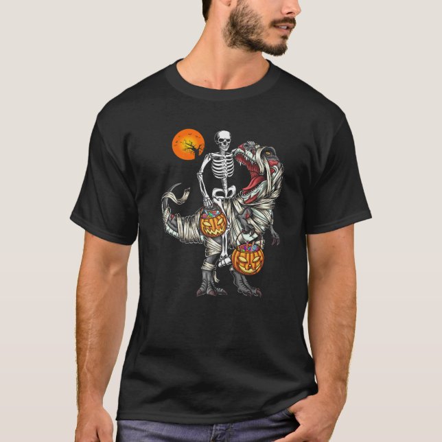 Camiseta Halloween S Skeleton Andando Mummy Dinossaur T Rex (Frente)