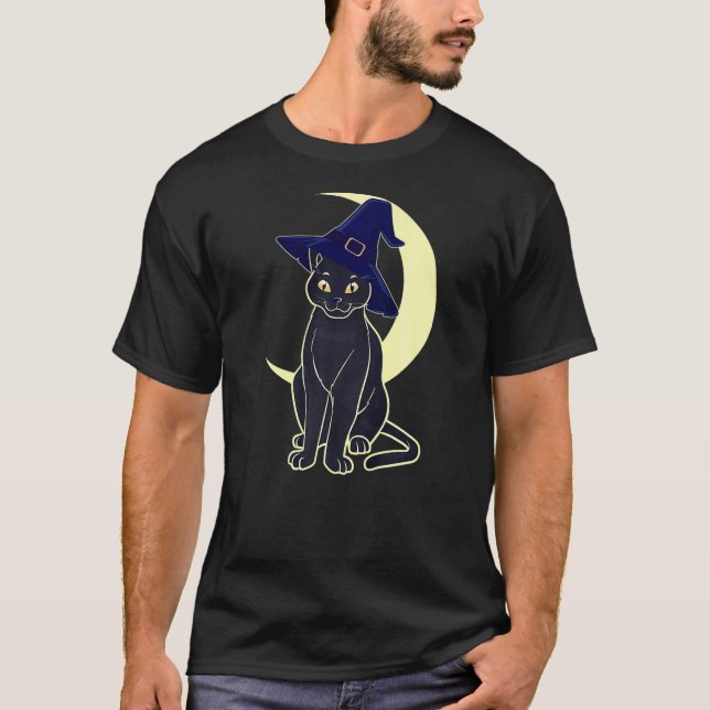 Camiseta Halloween Scary Black Cat Witch Hat Cute Kitten Mo (Frente)