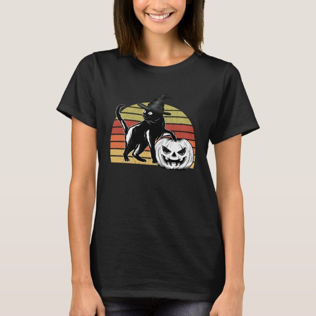 Camiseta Halloween Scary Black Cat Witch Hat Pumpkin JackOL (Frente)