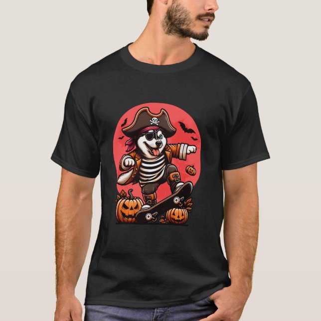 Camiseta Halloween Siberian Husky Pirate Skateboard Spooky (Frente)