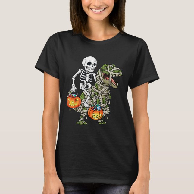 Camiseta Halloween Skeleton Andando Mummy Dinossaur T Rex D (Frente)