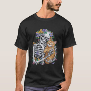 Camiseta Halloween Skeleton Cat Hug Flores Figurume Mulhere