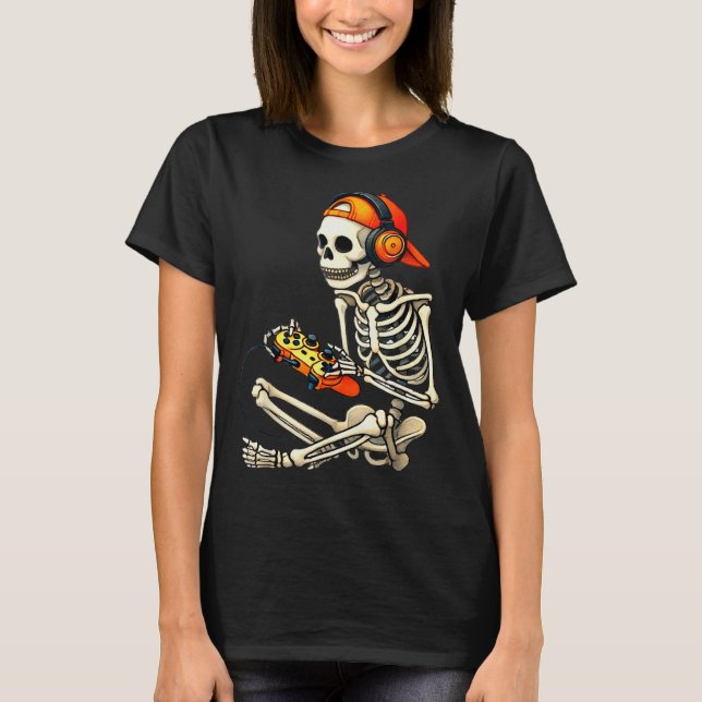 Camiseta Halloween Skeleton Gamer Video Gaming Boys Men Kid (Frente)
