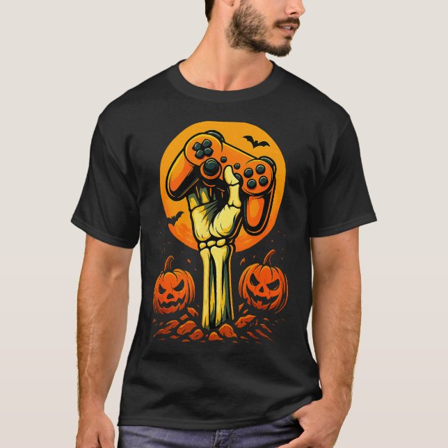 Camiseta Halloween Skeleton Gamer Video Gaming Controller B (Frente)