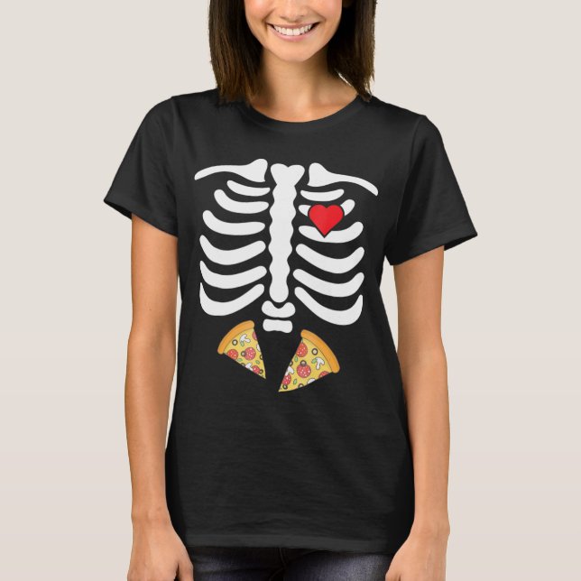 Camiseta Halloween Skeleton Junk Comida Belly Pizza T Shirt (Frente)