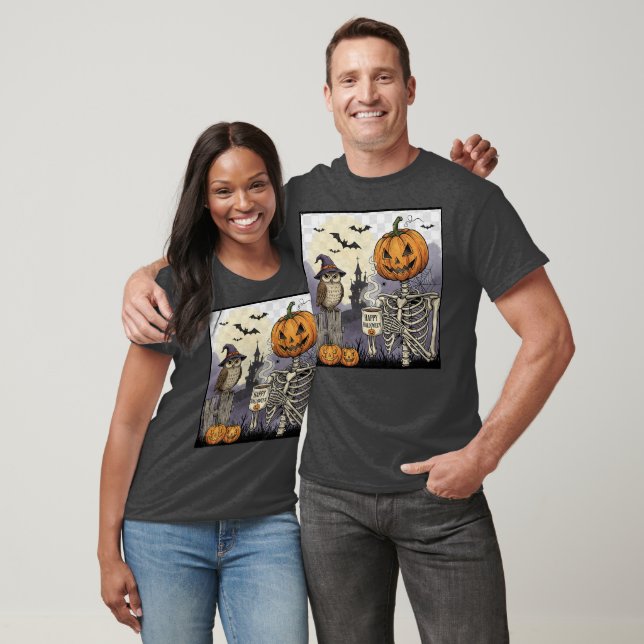 Camiseta Halloween Skeleton Pumpkin Owl Graphic T-Shir (Unissex)
