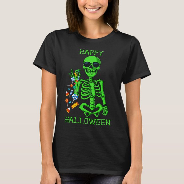 Camiseta Halloween Skeleton Salgando Doces Divertido 1 (Frente)