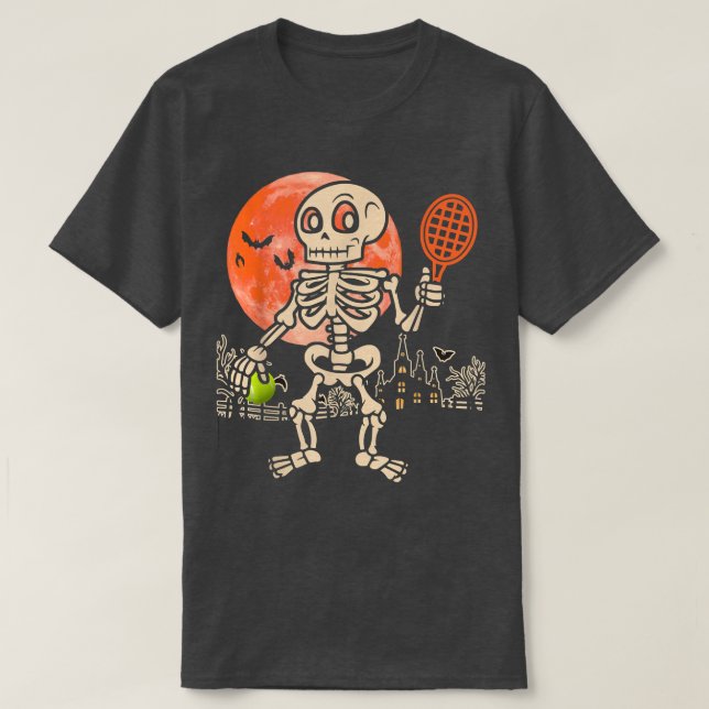 Camiseta Halloween Skeleton tocando Tênis Jogador Engraçado (Frente do Design)