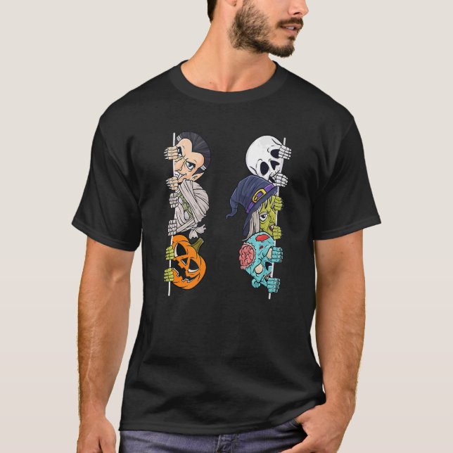 Camiseta Halloween Skeleton Witch Peeking Zombie Mummy Kids (Frente)