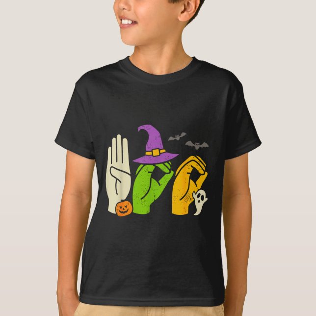 Camiseta Halloween Sped Teacher Boo In Asl Boo Hands Sign L (Frente)