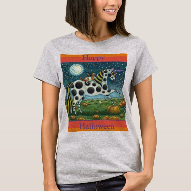 Camiseta HALLOWEEN SPONTTED PONY & BAT CAT Fantasy Horse (Frente)