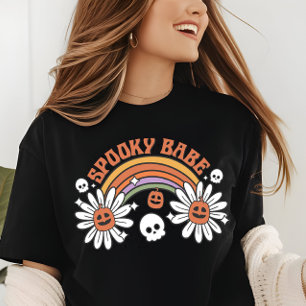 Camiseta Halloween Spooky Babe Pumpkin Flores do Crânio