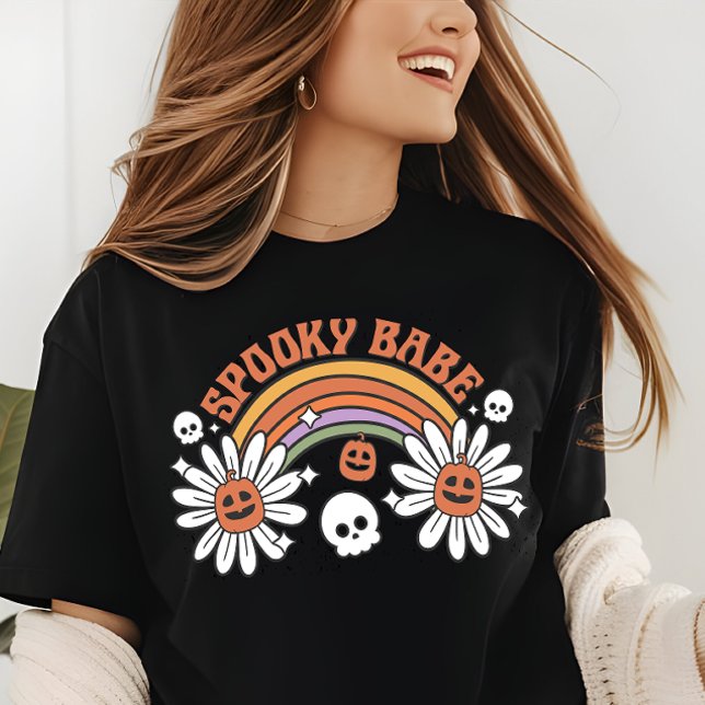 Camiseta Halloween Spooky Babe Pumpkin Flores do Crânio (Criador carregado)