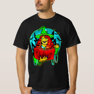 Camiseta Halloween Spooky Green Witch Magic Book Bats Hat