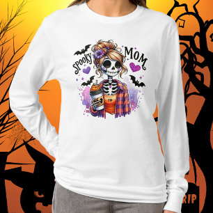 Camiseta Halloween Spooky Mãe Esqueleton Messy Bun Personal