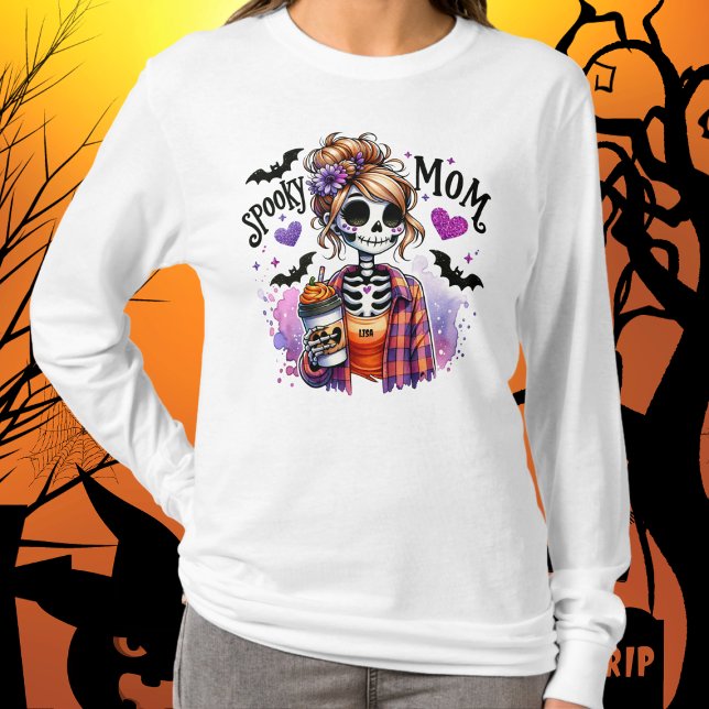 Camiseta Halloween Spooky Mãe Esqueleton Messy Bun Personal (Criador carregado)