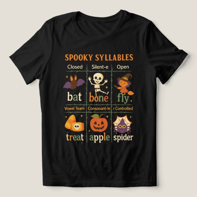 Camiseta Halloween “Spooky Syllables” Poster – Fun Class (Design frontal)