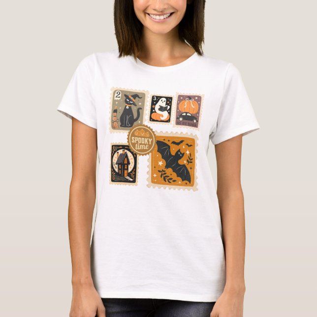 Camiseta Halloween Spooky Time Postal Stamps Ghosts Bat Cat (Frente)