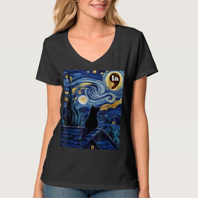 Camiseta Halloween Starry Night Black Cat Comma La Kamala (Frente)